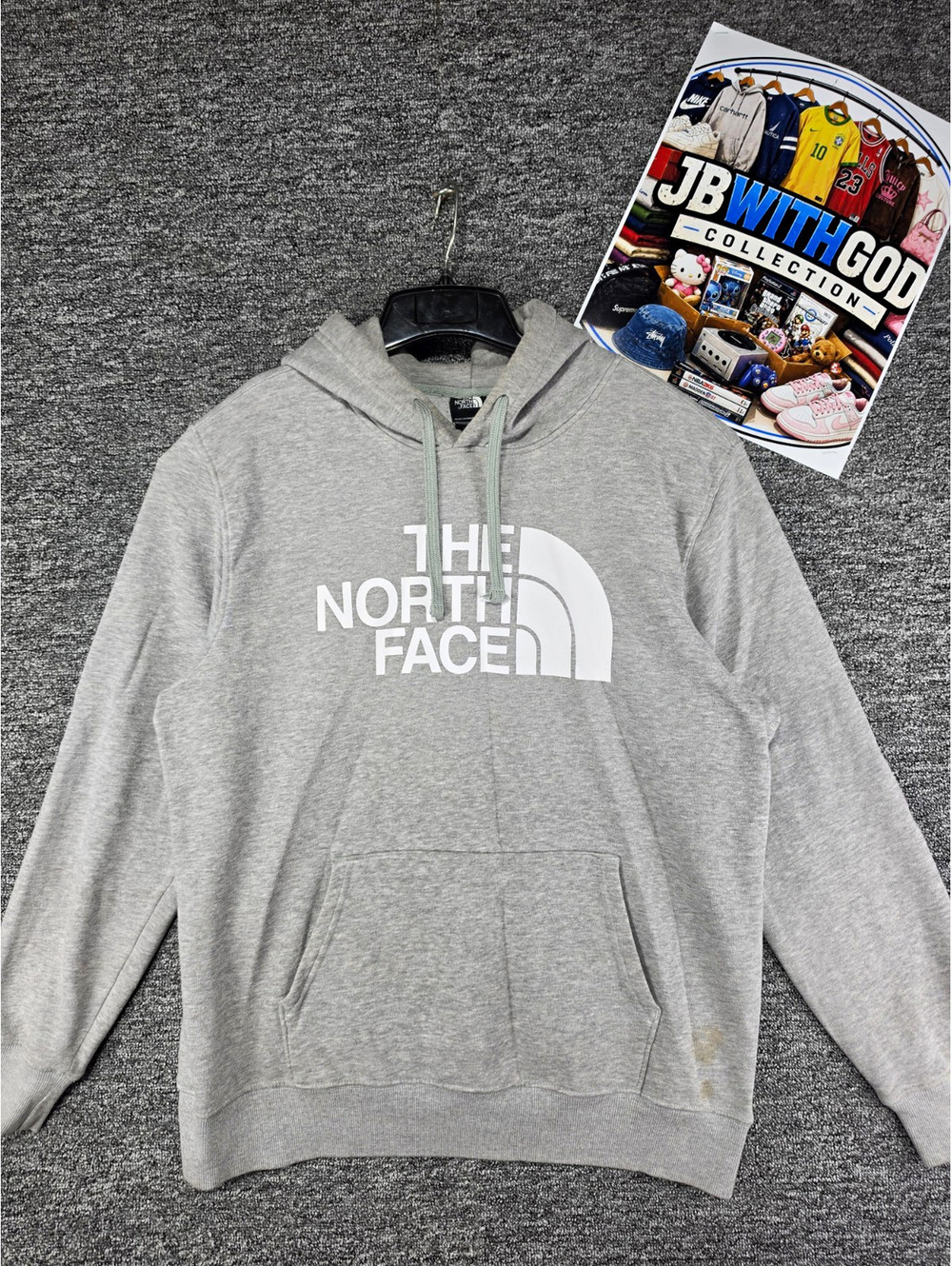 The North Face Gray Graphic Logo Fleece Pullover Hoodie w/ Pockets Men's L A4QQO